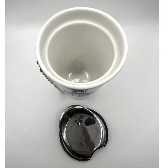 Starbucks 2014 Triangle Studded Ceramic Travel Tumbler 10oz White Silver Lid - Picture 5 of 5